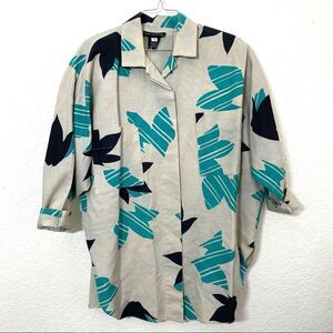 Vintage 80’s 90’s Andrea Jovine Linen Funky Leaf Print Dolman Sleeve Top